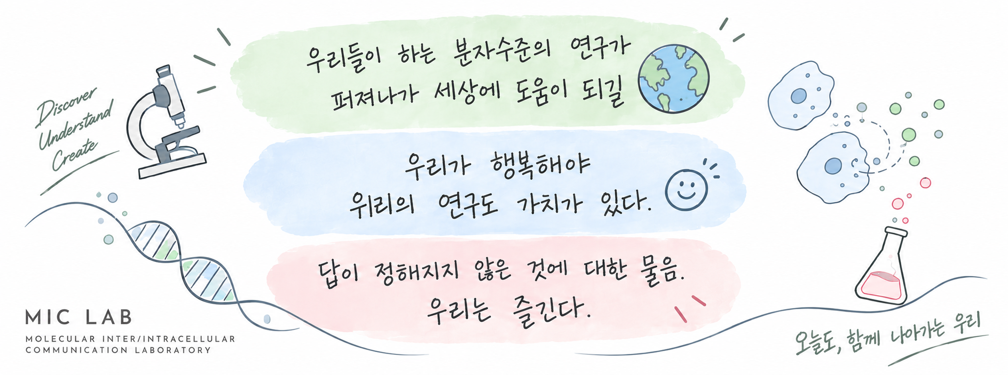 우리들이 하는 분자수준의 연구가 퍼져나가 세상에 도움이 되길 · 우리가 행복해야 위리의 연구도 가치가 있다 · 답이 정해지지 않은 것에 대한 물음, 우리는 즐긴다